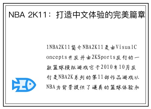 NBA 2K11：打造中文体验的完美篇章